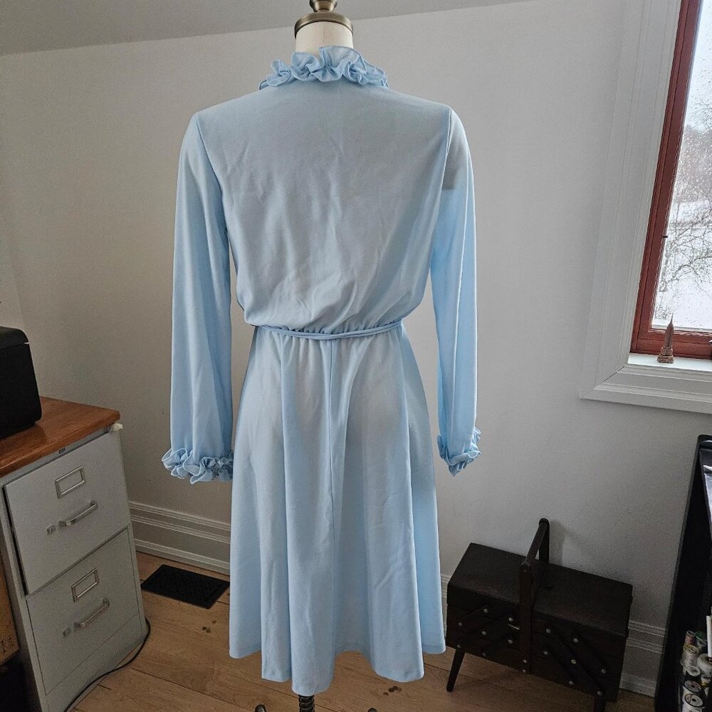 Vintage 1970s Sheer Blue Ruffle Dress | Faux Wrap & Stretch Waist - Picture 3 of 3